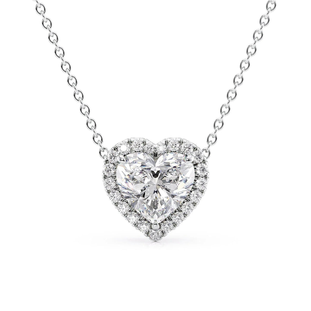 The Ariana. A White Gold Pendant Set With A 2ct Heart Lab Grown Diamond. White Background.