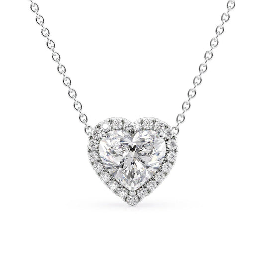 The Ariana. A White Gold Pendant Set With A 2ct Heart Lab Grown Diamond. White Background.