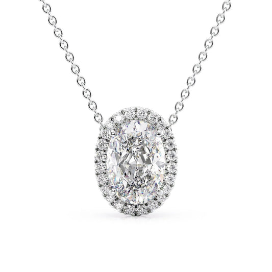 The Ariana. A White Gold Pendant Set With A 2ct Oval Lab Grown Diamond. White Background.