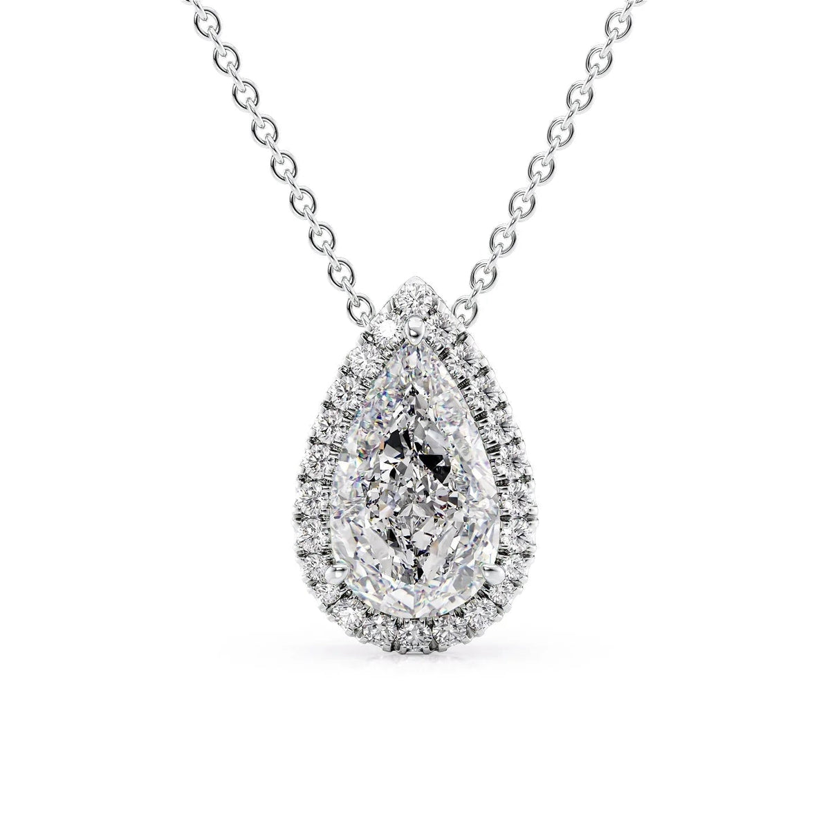 The Ariana. A White Gold Pendant Set With A 2ct Pear Lab Grown Diamond. White Background.