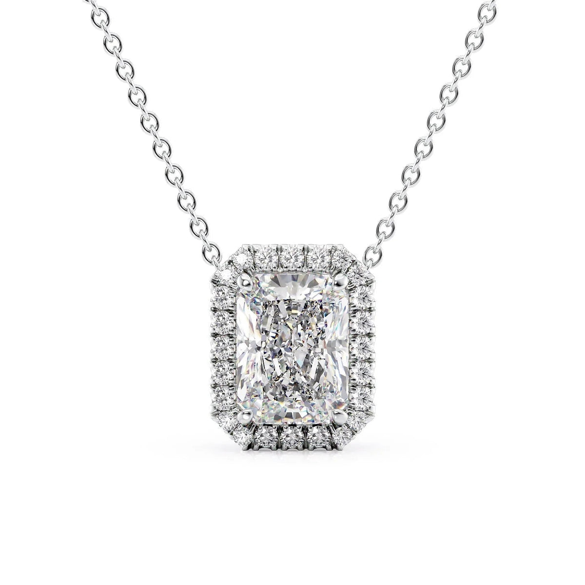 The Ariana. A White Gold Pendant Set With A 2ct Radiant Lab Grown Diamond. White Background.