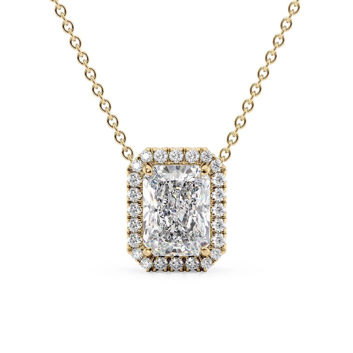 The Ariana. A Yellow Gold Pendant Set With A 2ct Radiant Lab Grown Diamond. White Background.