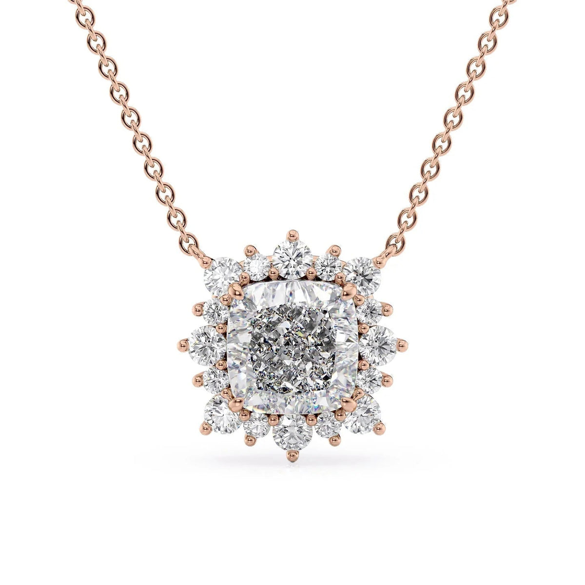 The Aubrey. A Rose Gold Pendant Set With A 2ct Cushion Lab Grown Diamond. White Background.