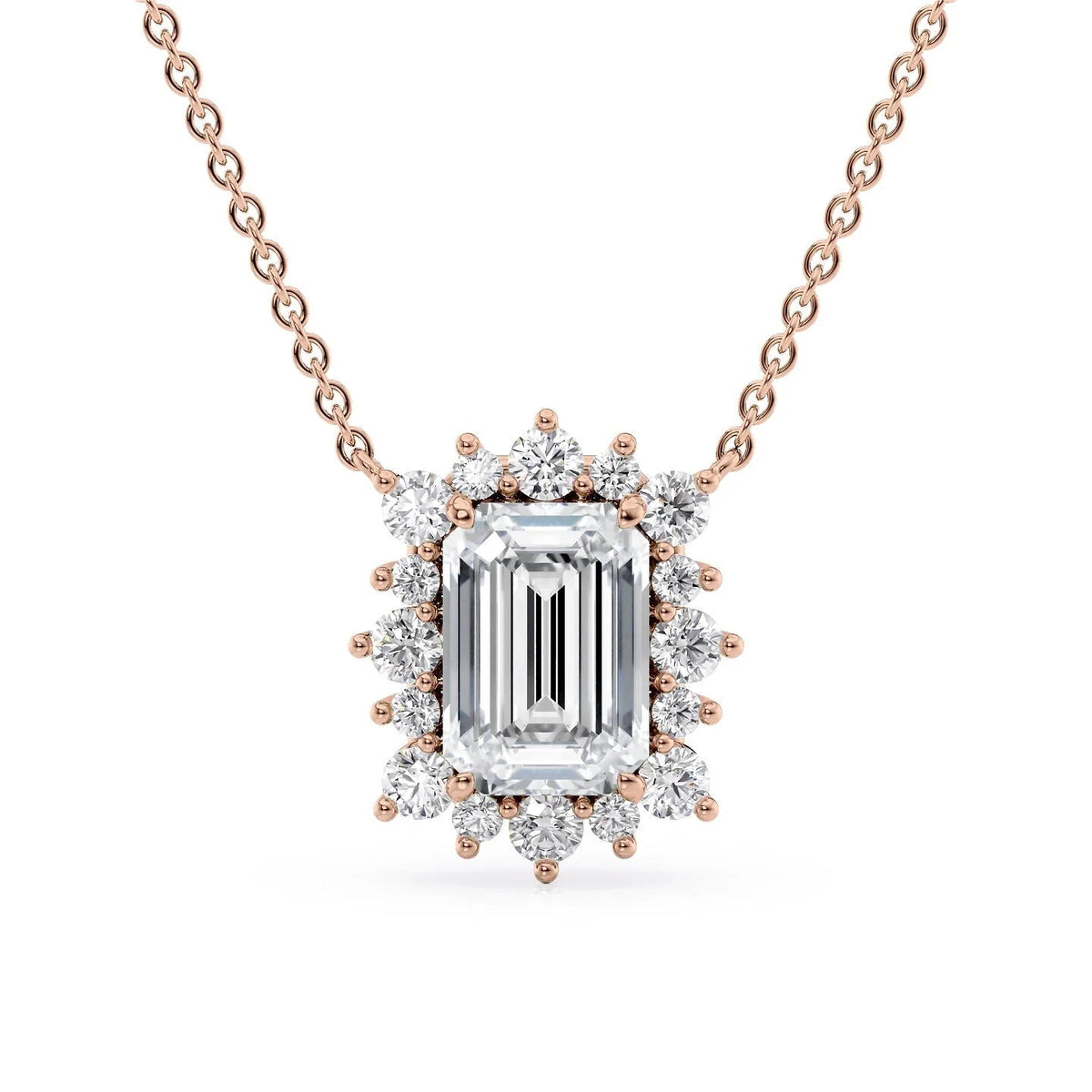 The Aubrey. A Rose Gold Pendant Set With A 2ct Emerald Lab Grown Diamond. White Background.