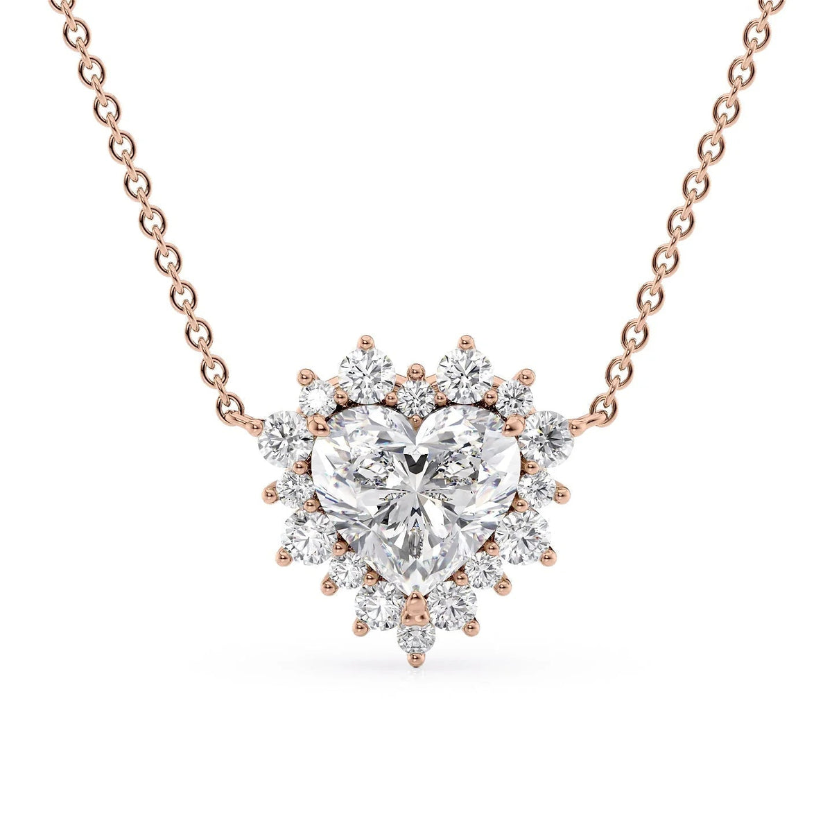 The Aubrey. A Rose Gold Pendant Set With A 2ct Heart Lab Grown Diamond. White Background.