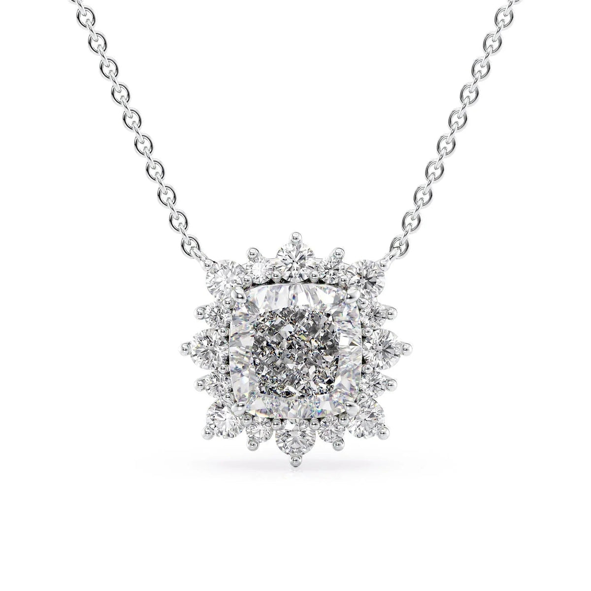 The Aubrey. A White Gold Pendant Set With A 2ct Cushion Lab Grown Diamond. White Background.