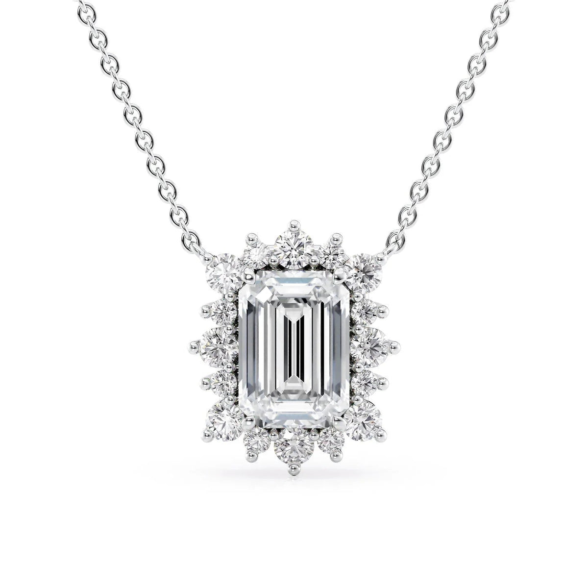The Aubrey. A White Gold Pendant Set With A 2ct Emerald Lab Grown Diamond. White Background.