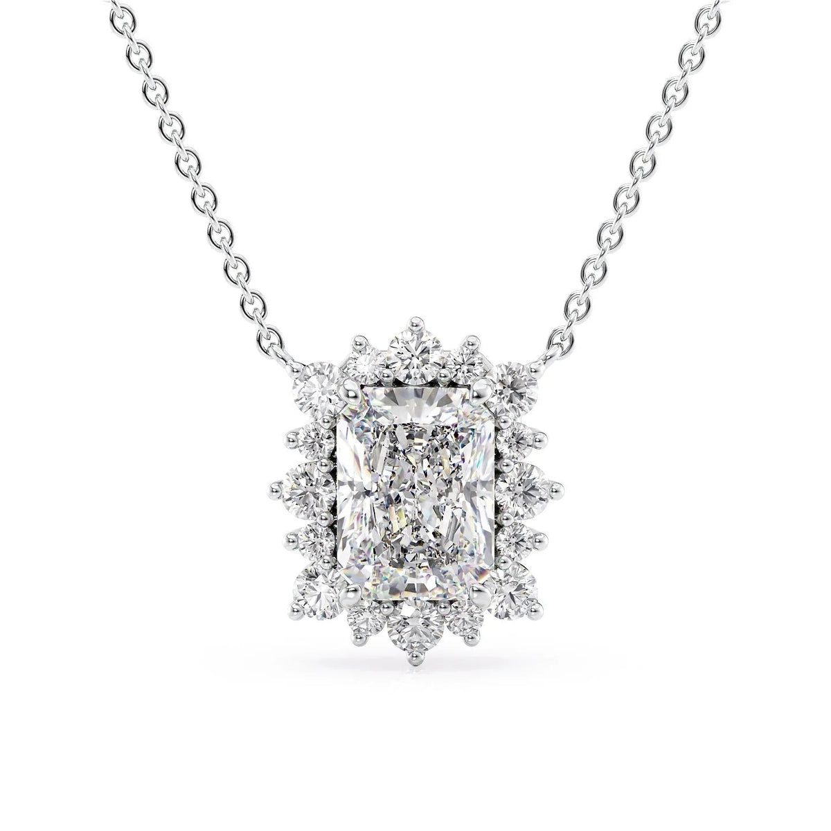 The Aubrey. A White Gold Pendant Set With A 2ct Radiant Lab Grown Diamond. White Background.
