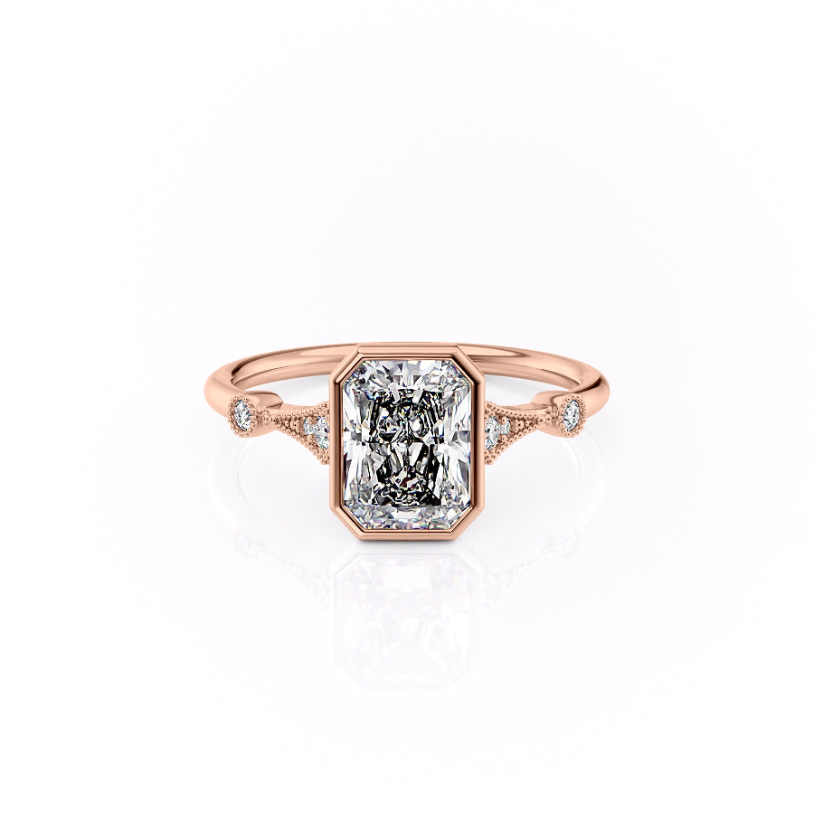 The Bezel Amber. A Rose Gold Vintage, Side Stones Engagement Ring Set With A 2ct Radiant Lab Grown Diamond. White Background.