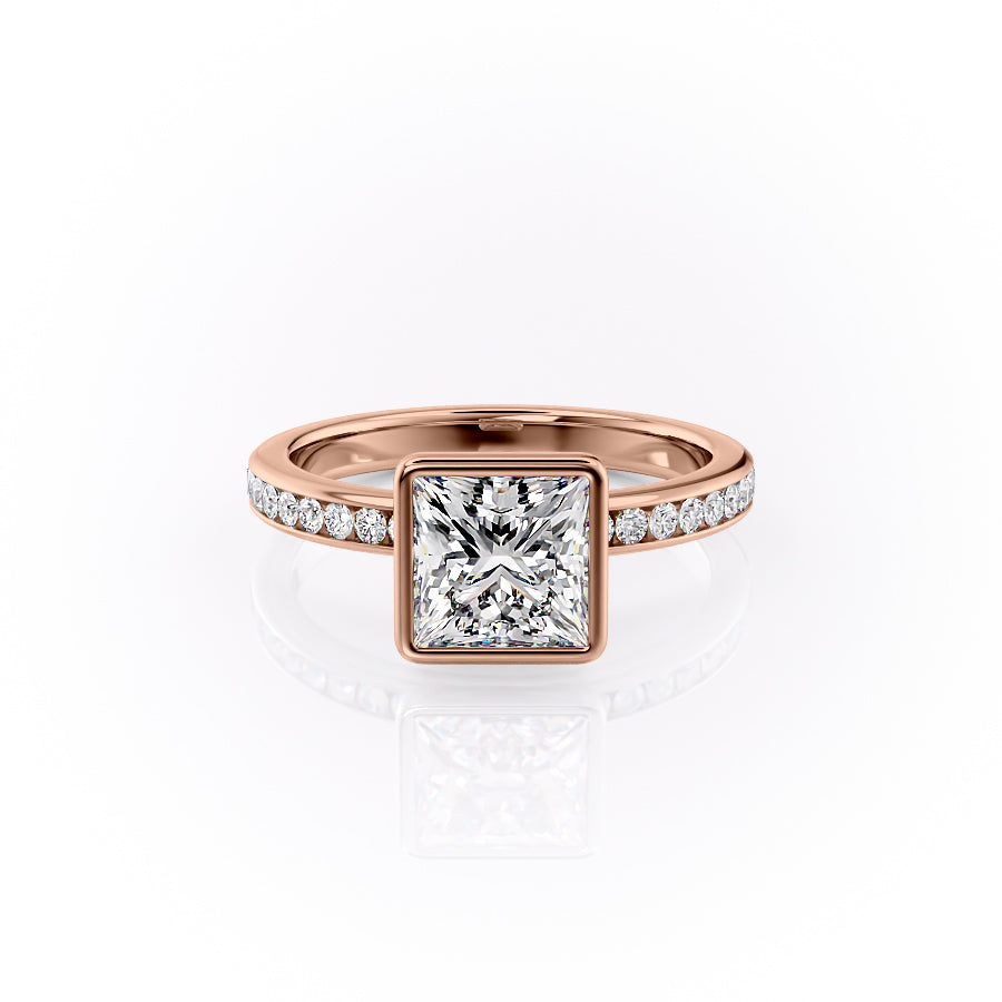 The Bezel Marilyn. A Rose Gold Channel-Set, Side Stones Engagement Ring Set With A 2ct Princess Lab Grown Diamond. White Background.