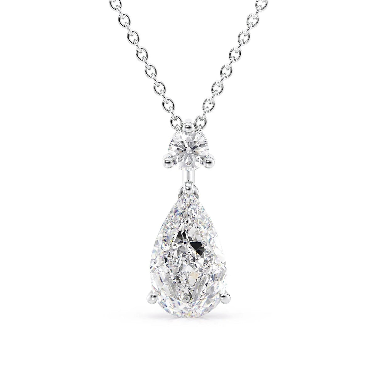 The Billie. A White Gold Pendant Set With A 2ct Pear Lab Grown Diamond. White Background.