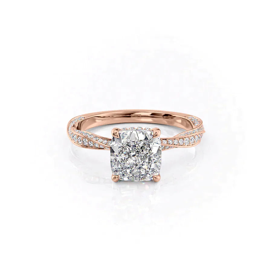 The Caroline. A Rose Gold Pave, Hidden Halo Engagement Ring Set With A 2ct Cushion Lab Grown Diamond. White Background.