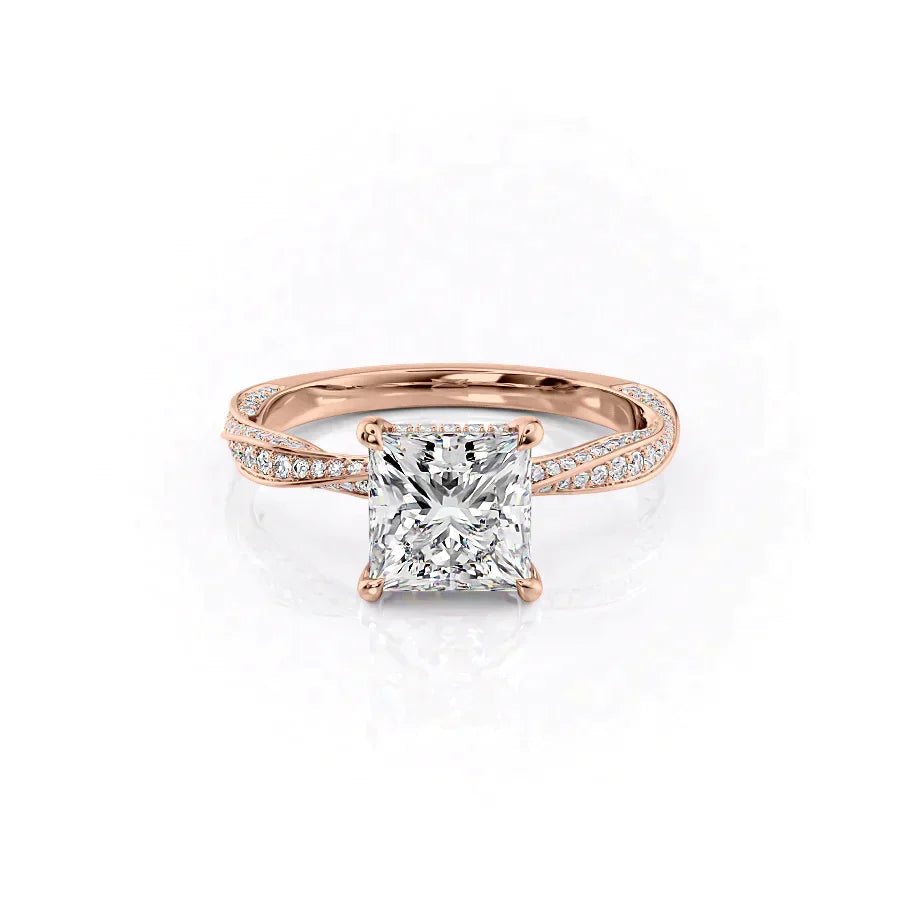 The Caroline. A Rose Gold Pave, Hidden Halo Engagement Ring Set With A 2ct Princess Lab Grown Diamond. White Background.
