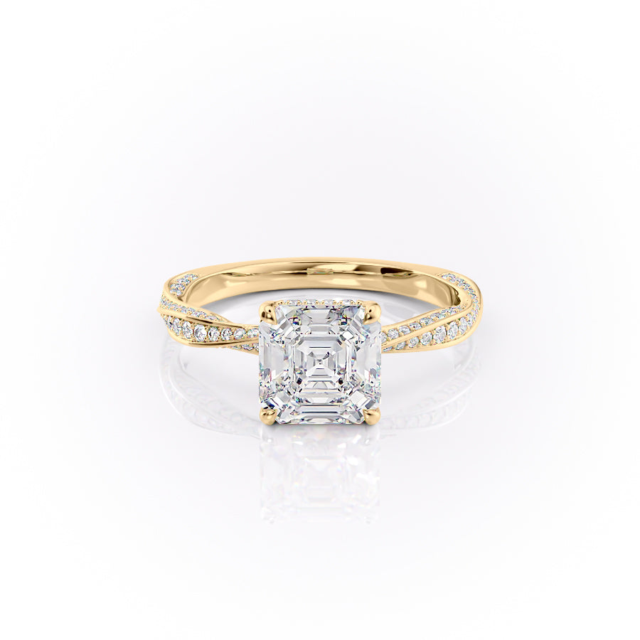The Caroline. A Yellow Gold Pave, Hidden Halo Engagement Ring Set With A 2ct Asscher Lab Grown Diamond. White Background.