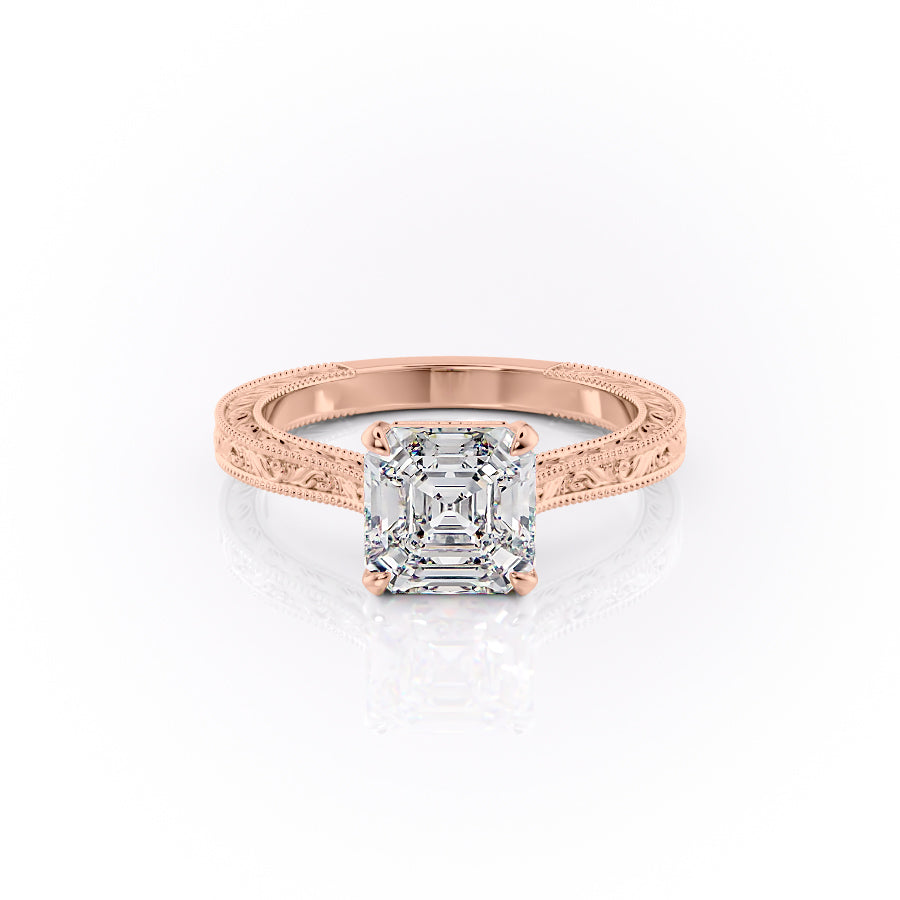 The Cathedral Sierra. A Rose Gold Vintage Engagement Ring Set With A 2ct Asscher Lab Grown Diamond. White Background.