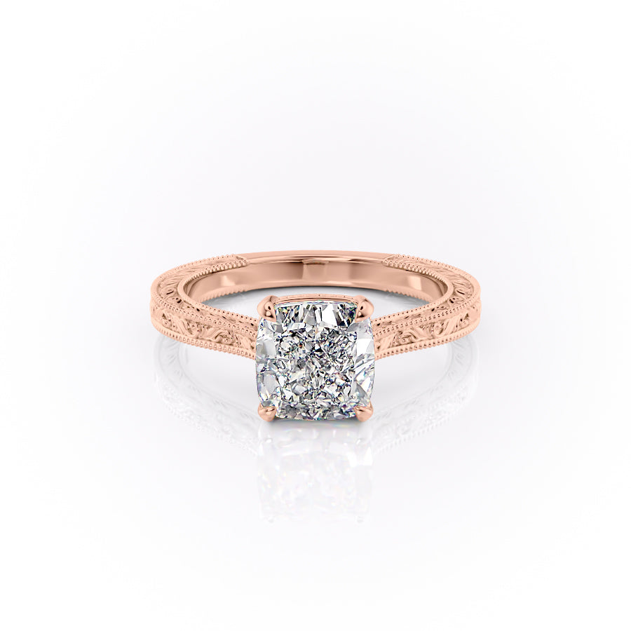 The Cathedral Sierra. A Rose Gold Vintage Engagement Ring Set With A 2ct Cushion Lab Grown Diamond. White Background.