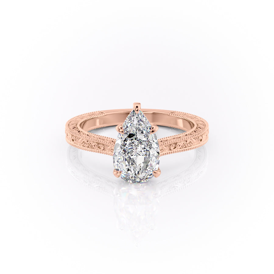 The Cathedral Sierra. A Rose Gold Vintage Engagement Ring Set With A 2ct Pear Lab Grown Diamond. White Background.