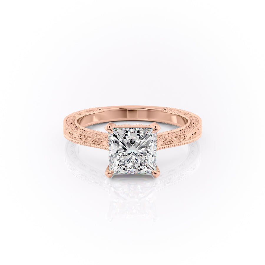 The Cathedral Sierra. A Rose Gold Vintage Engagement Ring Set With A 2ct Princess Lab Grown Diamond. White Background.