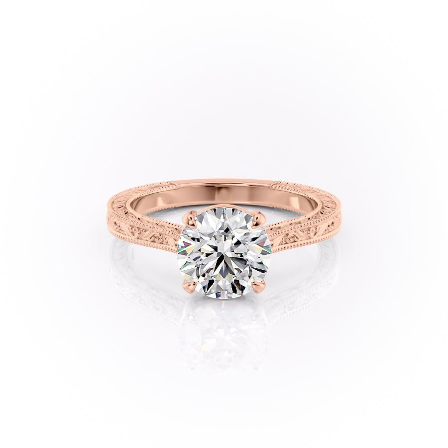 The Cathedral Sierra. A Rose Gold Vintage Engagement Ring Set With A 2ct Round Lab Grown Diamond. White Background.