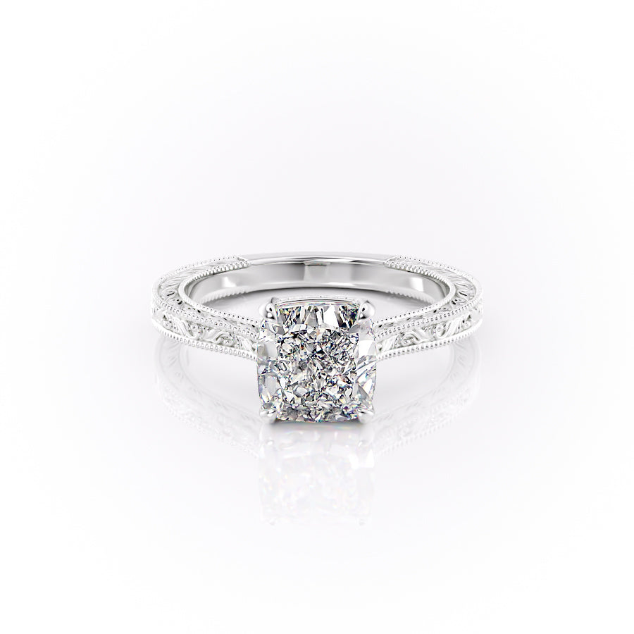 The Cathedral Sierra. A White Gold Vintage Engagement Ring Set With A 2ct Cushion Lab Grown Diamond. White Background.