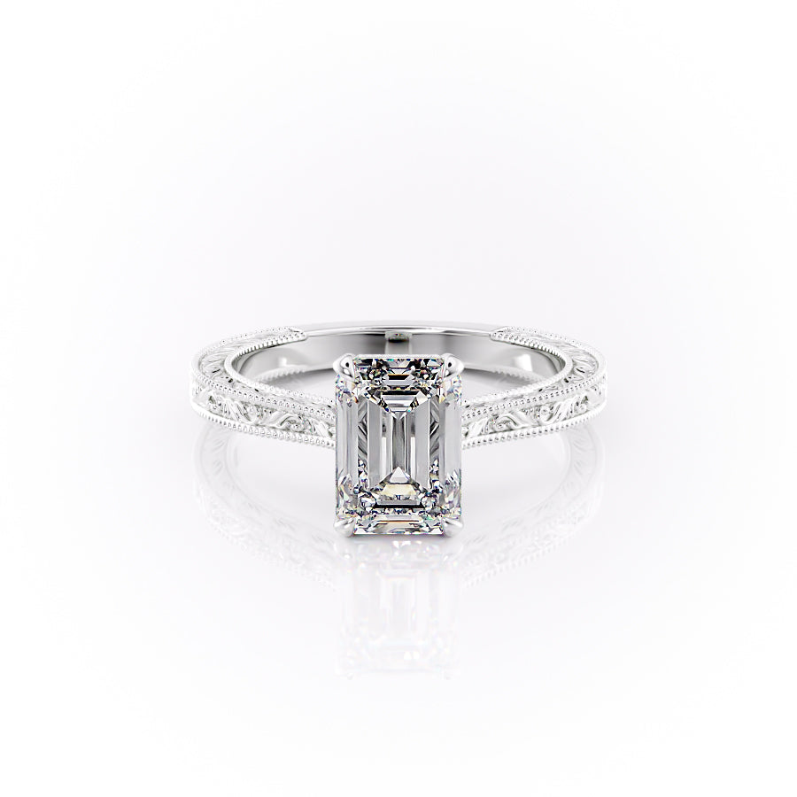 The Cathedral Sierra. A White Gold Vintage Engagement Ring Set With A 2ct Emerald Lab Grown Diamond. White Background.