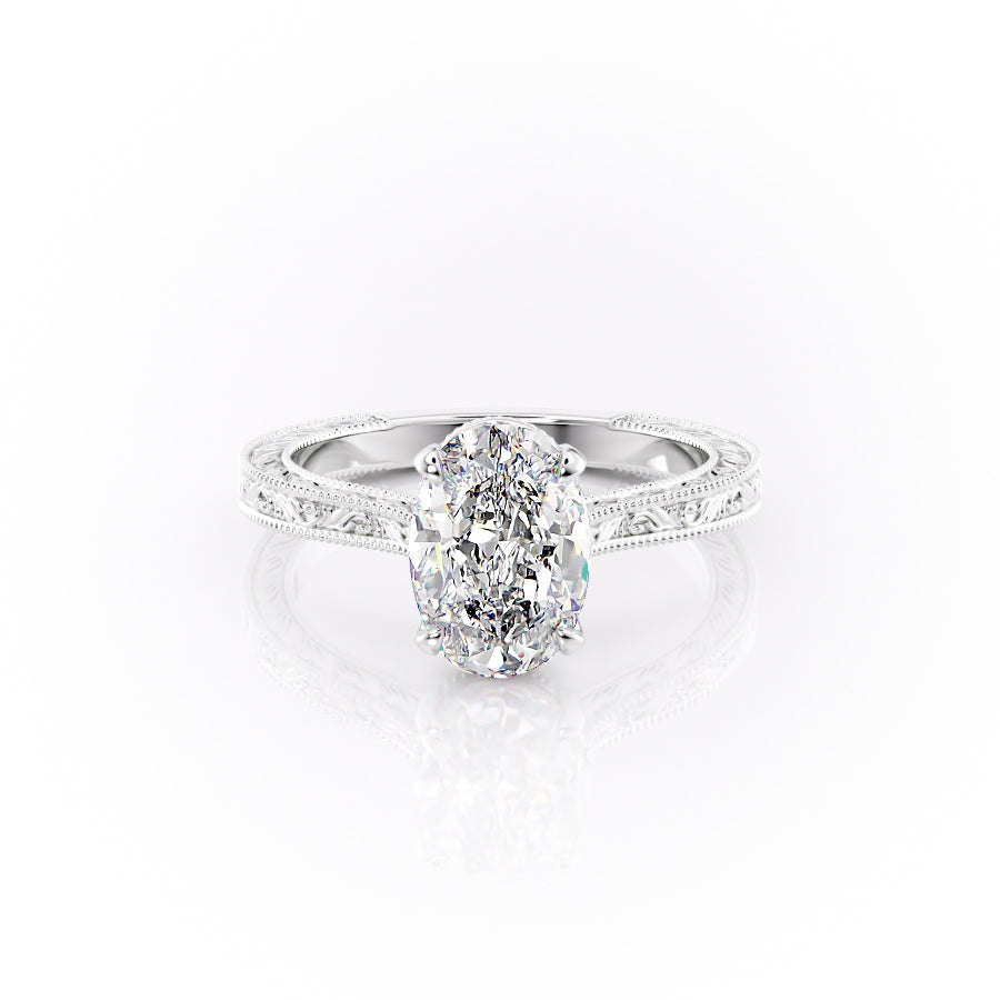 The Cathedral Sierra. A White Gold Vintage Engagement Ring Set With A 2ct Oval Lab Grown Diamond. White Background.