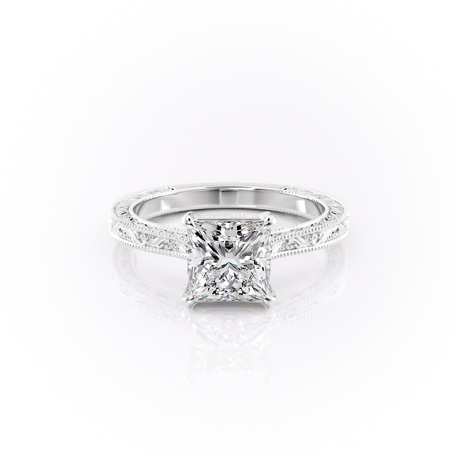 The Cathedral Sierra. A White Gold Vintage Engagement Ring Set With A 2ct Princess Lab Grown Diamond. White Background.