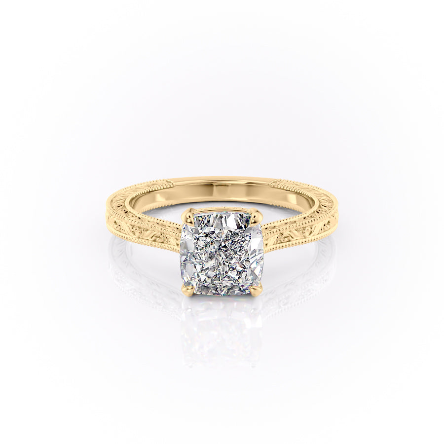 The Cathedral Sierra. A Yellow Gold Vintage Engagement Ring Set With A 2ct Cushion Lab Grown Diamond. White Background.