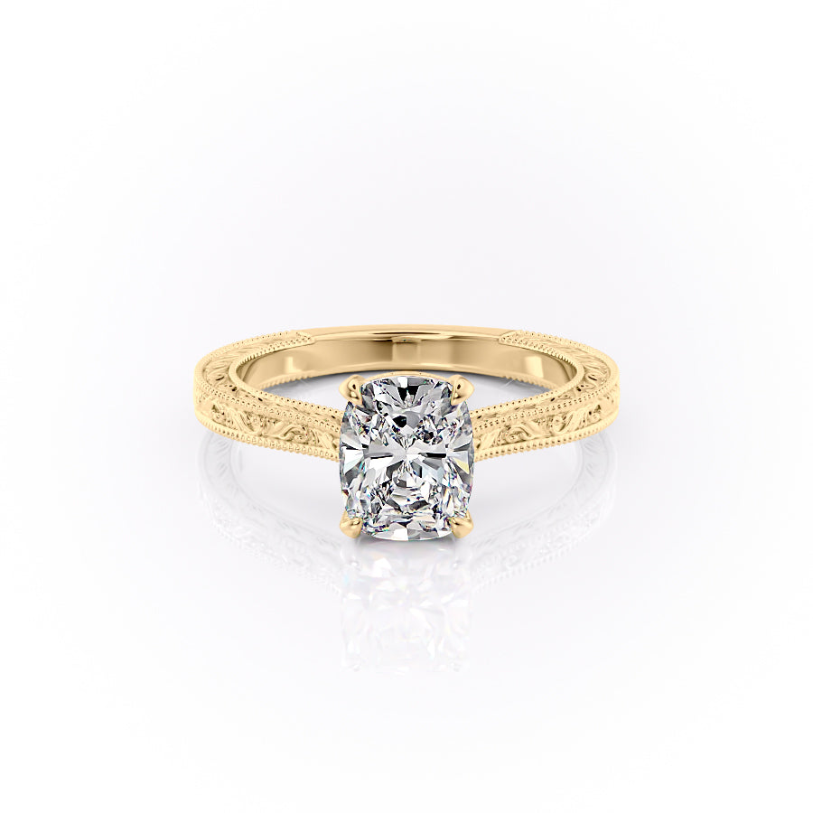 The Cathedral Sierra. A Yellow Gold Vintage Engagement Ring Set With A 2ct Elongated Cushion Lab Grown Diamond. White Background.