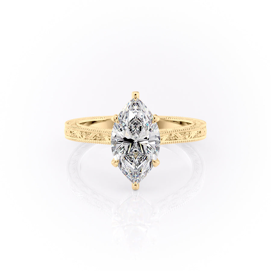 The Cathedral Sierra. A Yellow Gold Vintage Engagement Ring Set With A 2ct Marquise Lab Grown Diamond. White Background.