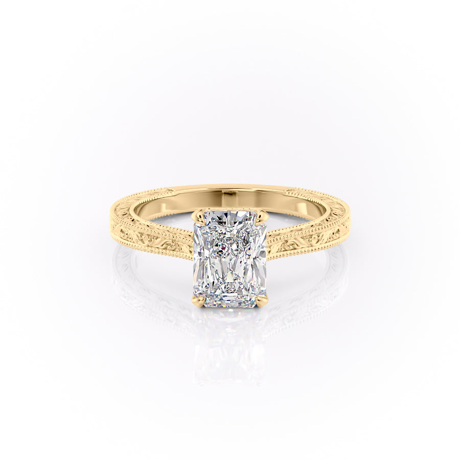 The Cathedral Sierra. A Yellow Gold Vintage Engagement Ring Set With A 2ct Radiant Lab Grown Diamond. White Background.