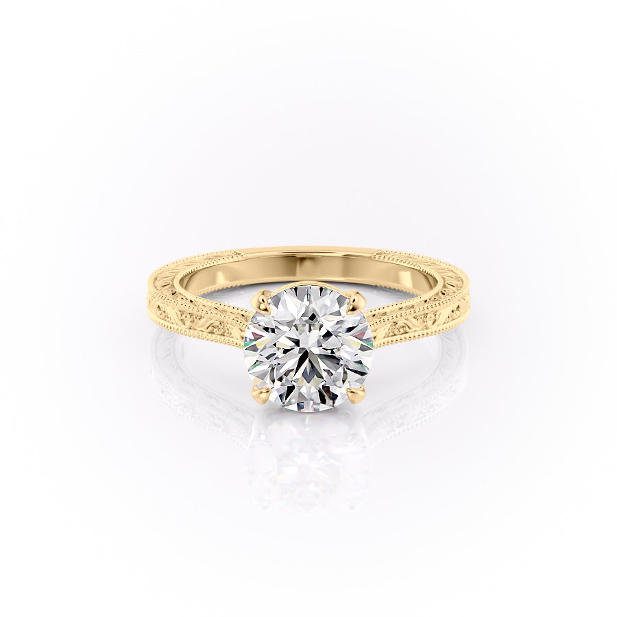 The Cathedral Sierra. A Yellow Gold Vintage Engagement Ring Set With A 2ct Round Lab Grown Diamond. White Background.