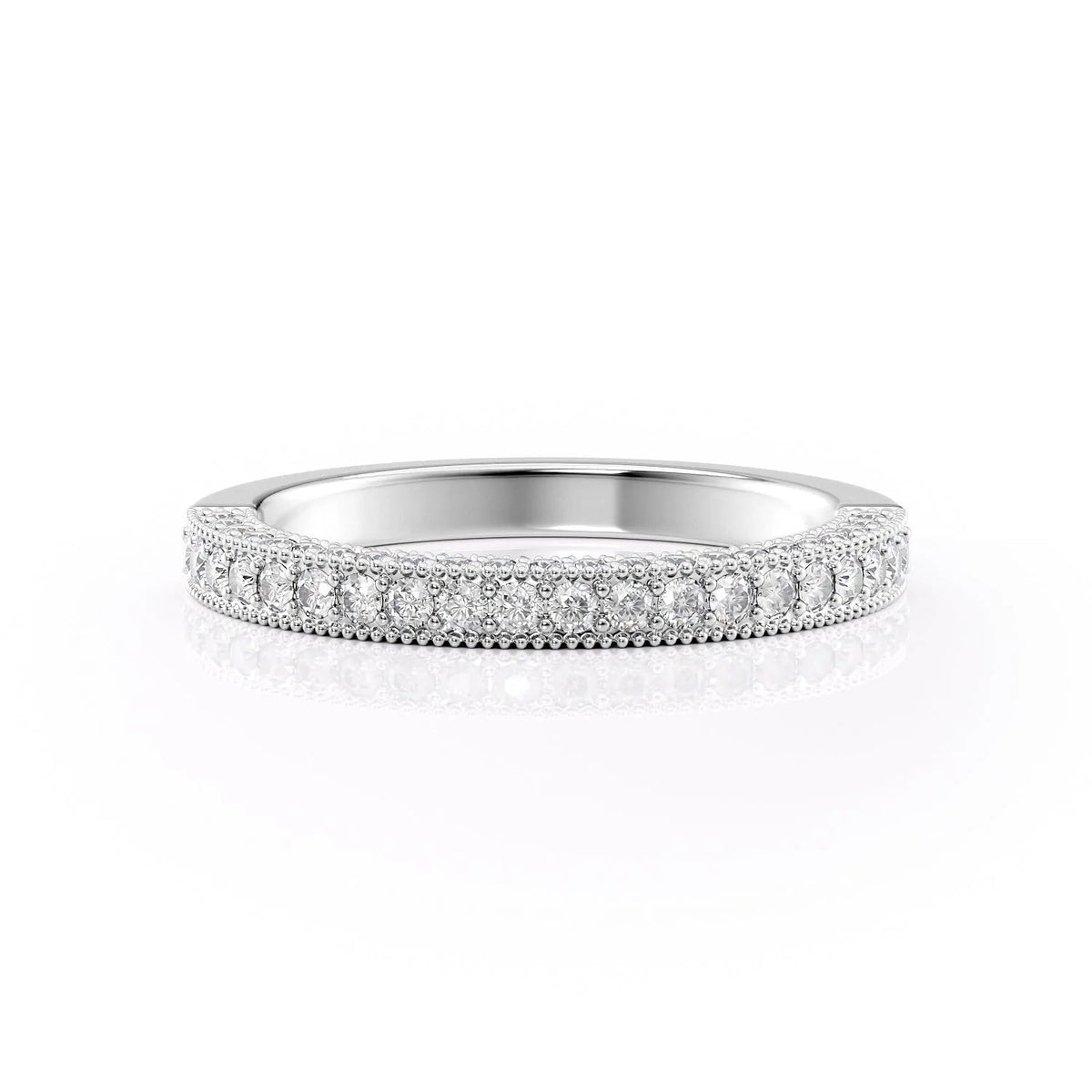 The Catherine. A White Gold Pave Wedding Band Set With 0.55tcw Round Lab Grown Diamonds. White Background.