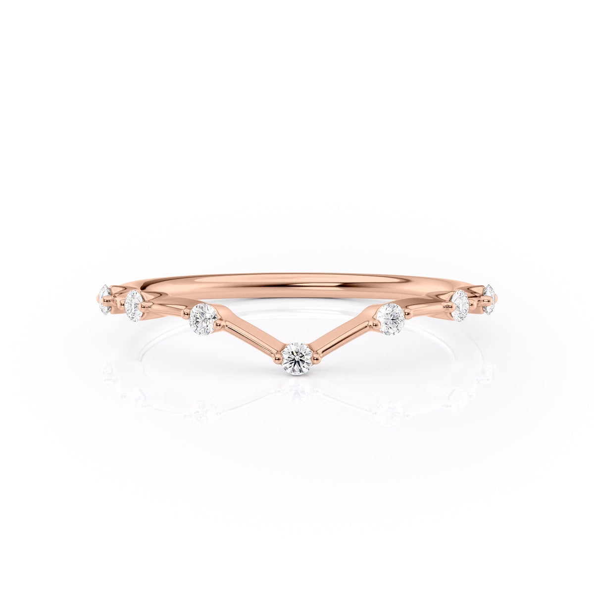 The Chevron Penelope. A Rose Gold Prong Wedding Band Set With 0.15tcw Round Lab Grown Diamonds. White Background.