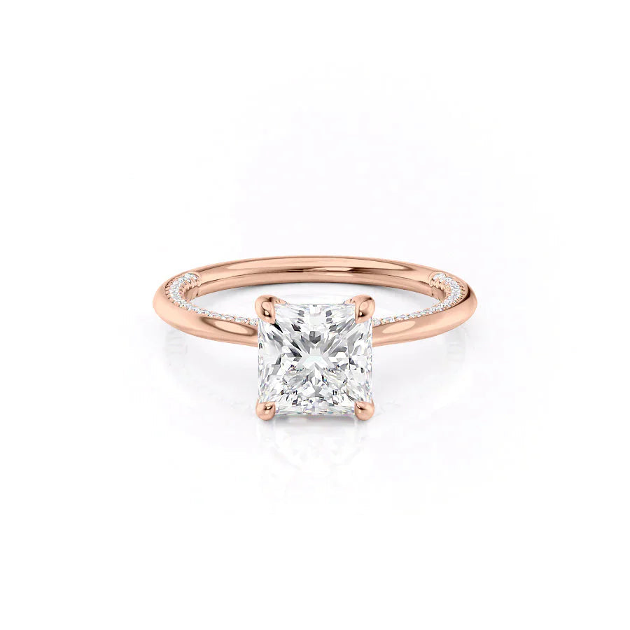 The Claire. A Rose Gold Solitaire, Pave Engagement Ring Set With A 2ct Princess Lab Grown Diamond. White Background.