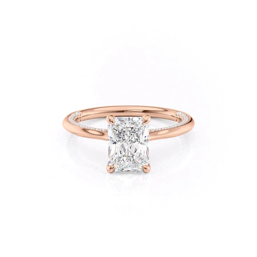 The Claire. A Rose Gold Solitaire, Pave Engagement Ring Set With A 2ct Radiant Lab Grown Diamond. White Background.