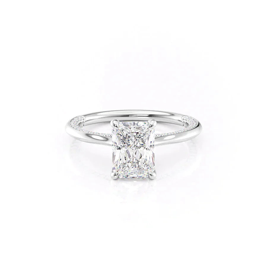 The Claire. A White Gold Solitaire, Pave Engagement Ring Set With A 2ct Radiant Lab Grown Diamond. White Background.