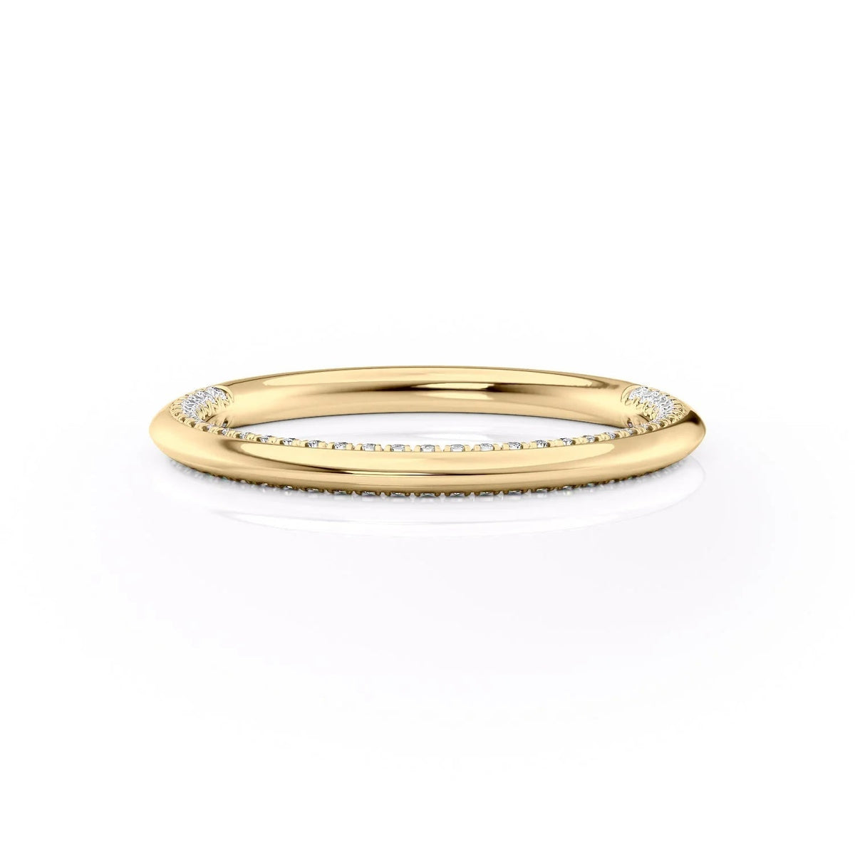 The Claire. A Yellow Gold Pave, Solid Wedding Band Set With 0.25tcw Round Lab Grown Diamonds. White Background.
