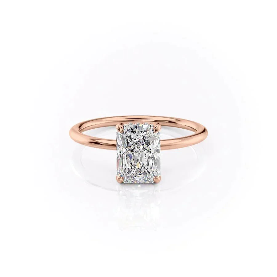 The Crown Kamellie. A Rose Gold Solitaire, Hidden Halo Engagement Ring Set With A 2ct Radiant Lab Grown Diamond. White Background.