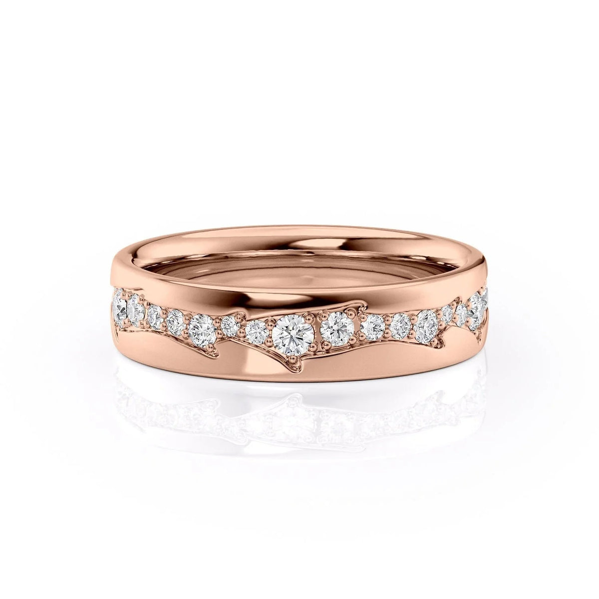 The Diamond Twig Cigar. A Rose Gold Diamonds, Designer Wedding Band Set With 0.5tcw Round Lab Grown Diamonds. White Background.