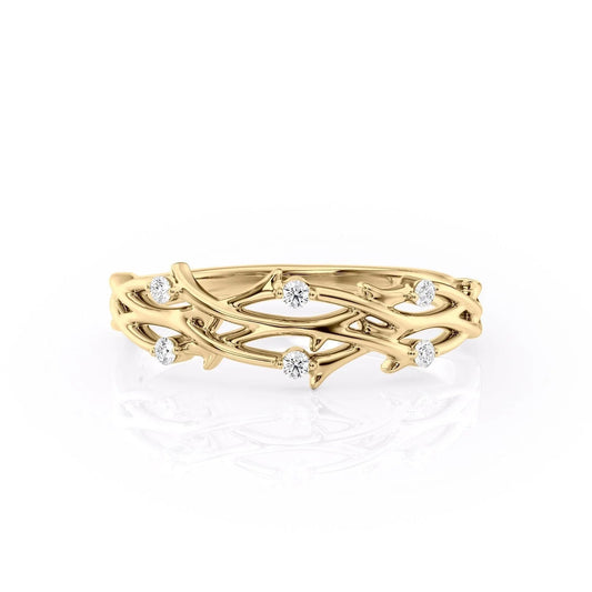 The Double Twig. A Yellow Gold Nature Wedding Band Set With 0.08tcw Round Lab Grown Diamonds. White Background.