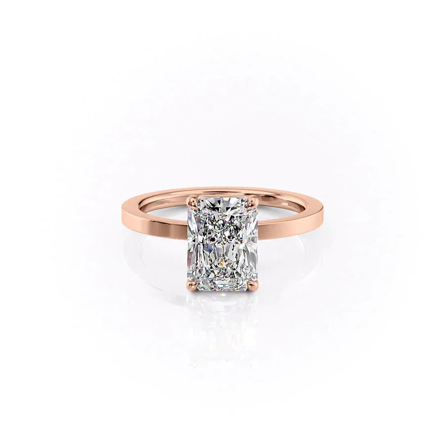 The Eleanor. A Rose Gold Solitaire Engagement Ring Set With A 2ct Radiant Lab Grown Diamond. White Background.