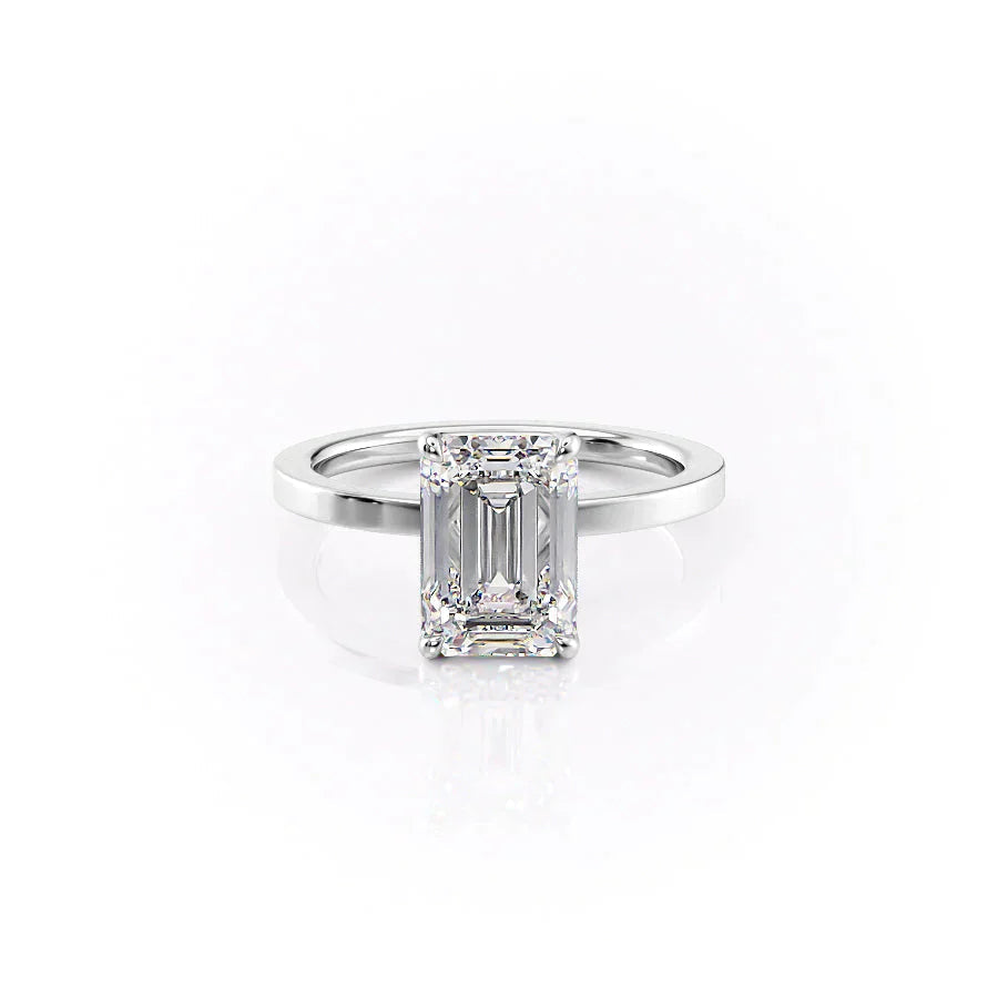 The Eleanor. A White Gold Solitaire Engagement Ring Set With A 2ct Emerald Lab Grown Diamond. White Background.