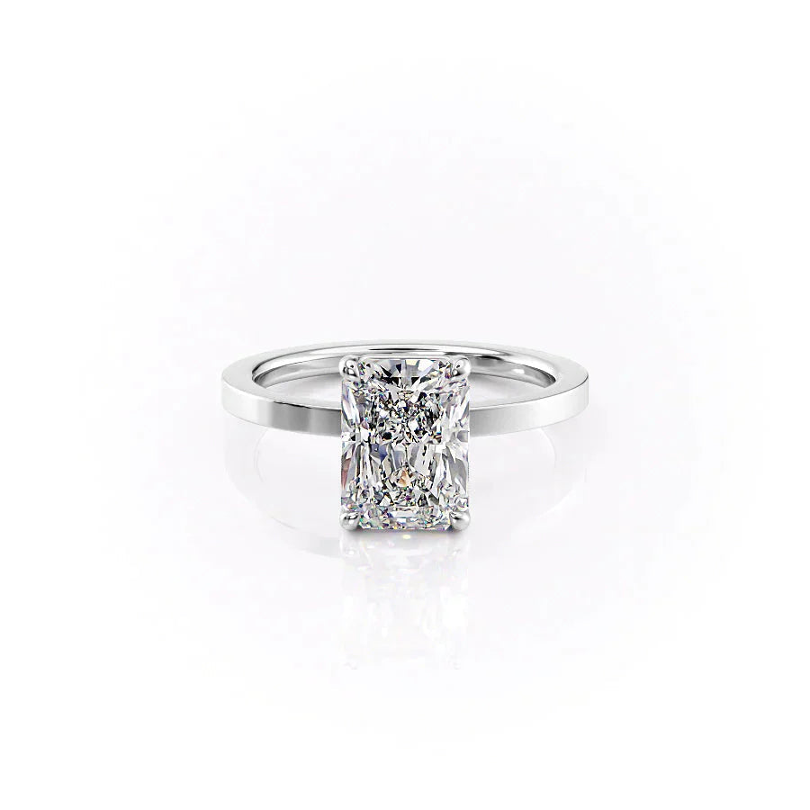 The Eleanor. A White Gold Solitaire Engagement Ring Set With A 2ct Radiant Lab Grown Diamond. White Background.