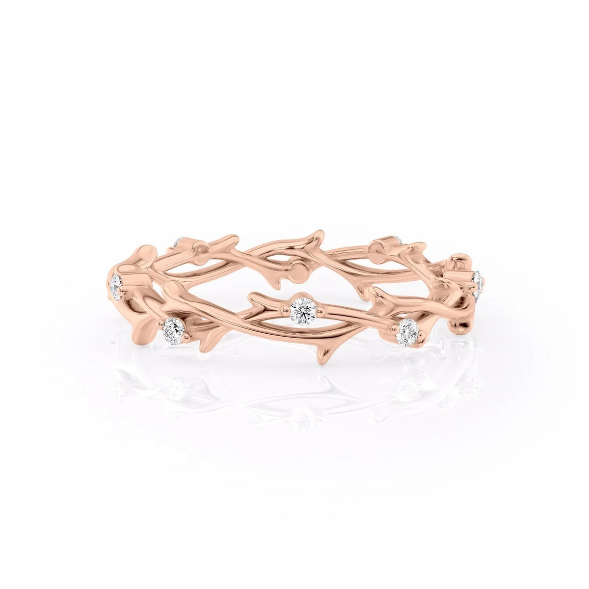 The Eternity Twig. A Rose Gold Nature Wedding Band Set With 0.15tcw Round Lab Grown Diamonds. White Background.