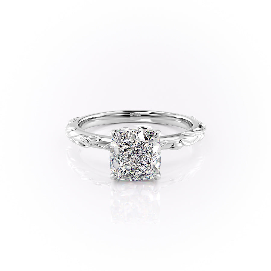 The Flora. A White Gold Nature, Solitaire Engagement Ring Set With A 2ct Cushion Lab Grown Diamond. White Background.