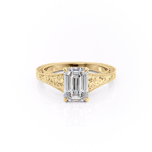 The Florence. A Yellow Gold Vintage Engagement Ring Set With A 2ct Emerald Lab Grown Diamond. White Background.