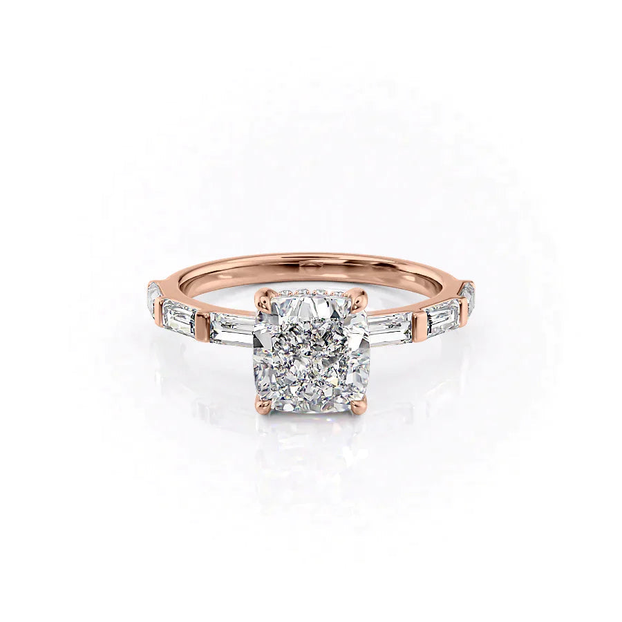 The Hailey. A Rose Gold Channel-Set, Side Stones, Hidden Halo Engagement Ring Set With A 2ct Cushion Lab Grown Diamond. White Background.