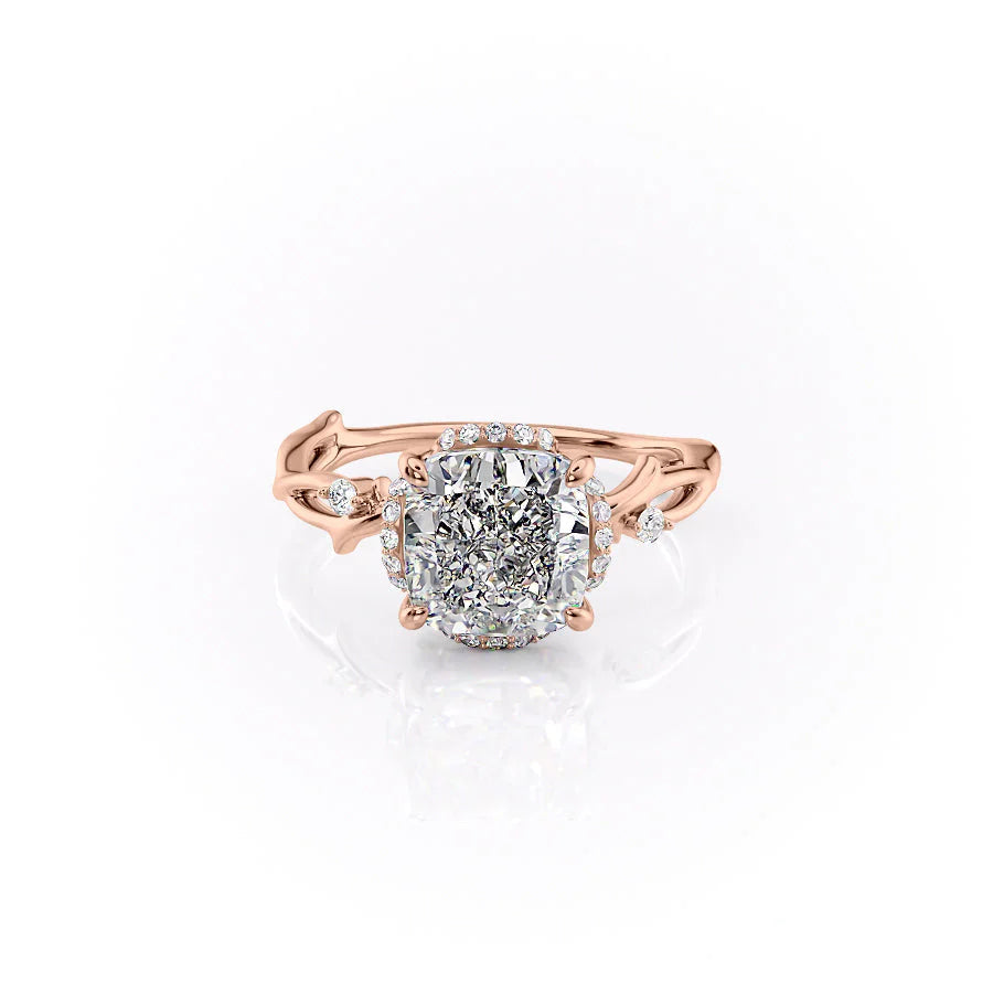 The Halo Twig. A Rose Gold Nature Engagement Ring Set With A 2ct Cushion Lab Grown Diamond. White Background.