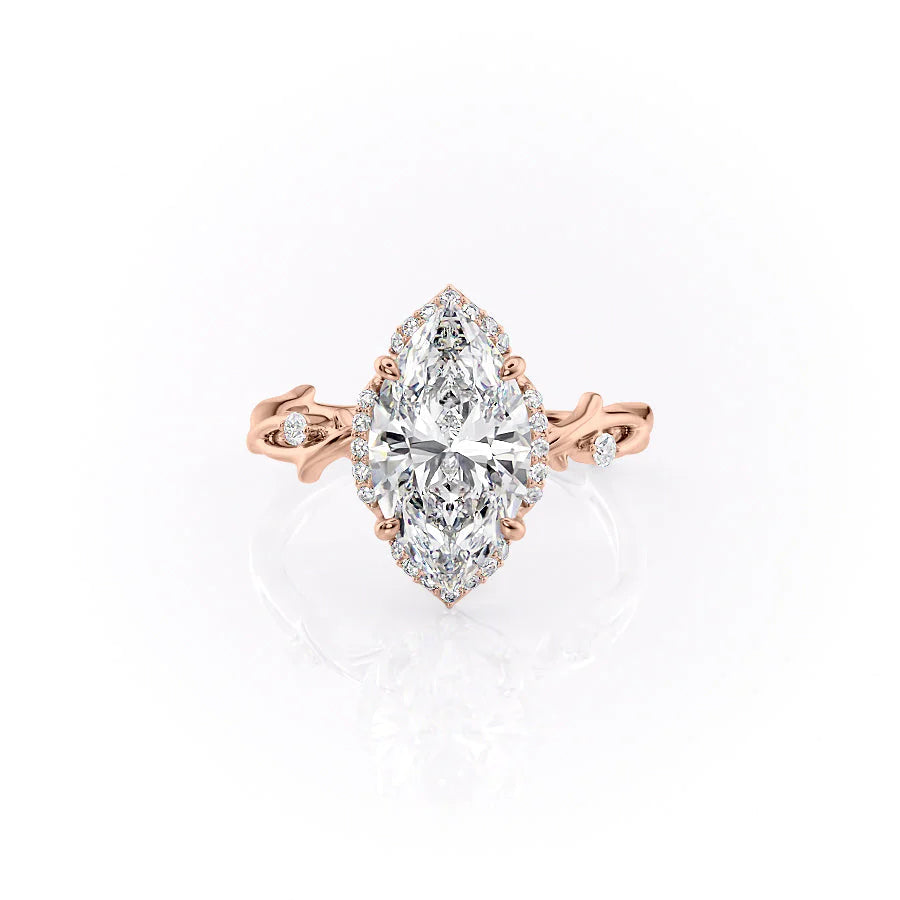 The Halo Twig. A Rose Gold Nature Engagement Ring Set With A 2ct Marquise Lab Grown Diamond. White Background.